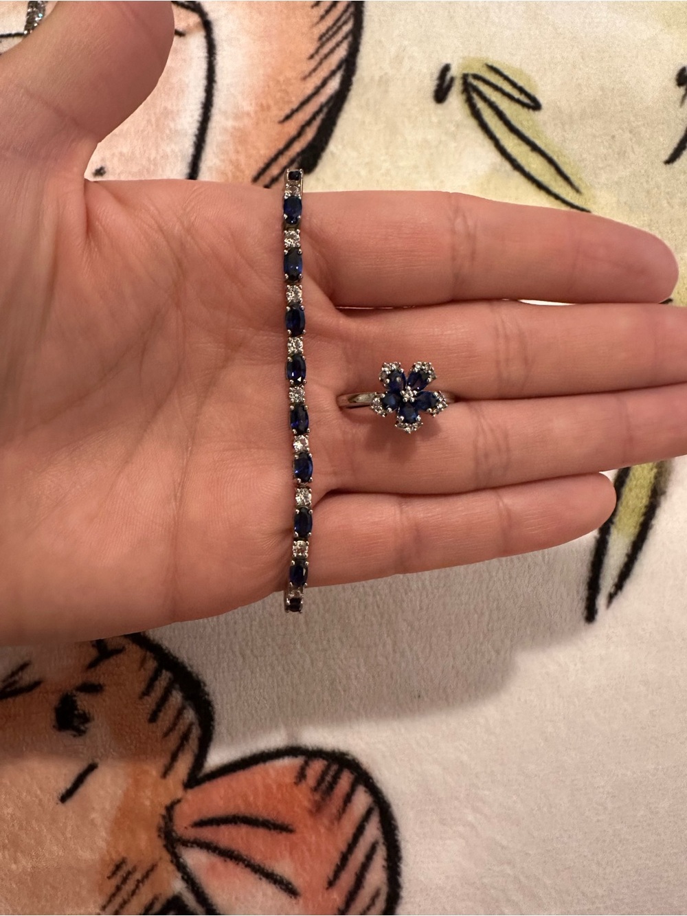 Blue Lab Grown Sapphire-Style Tennis Bracelet and Floral Ring Set - Women Jewelr